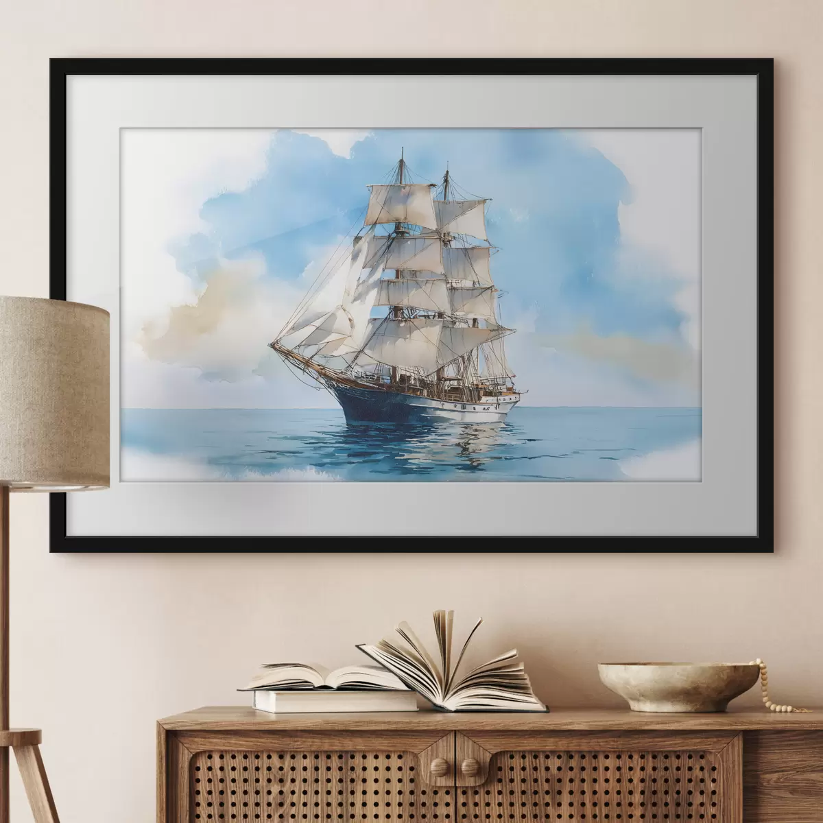 Poster Ein Schiff auf See im Aquarellstil f49421