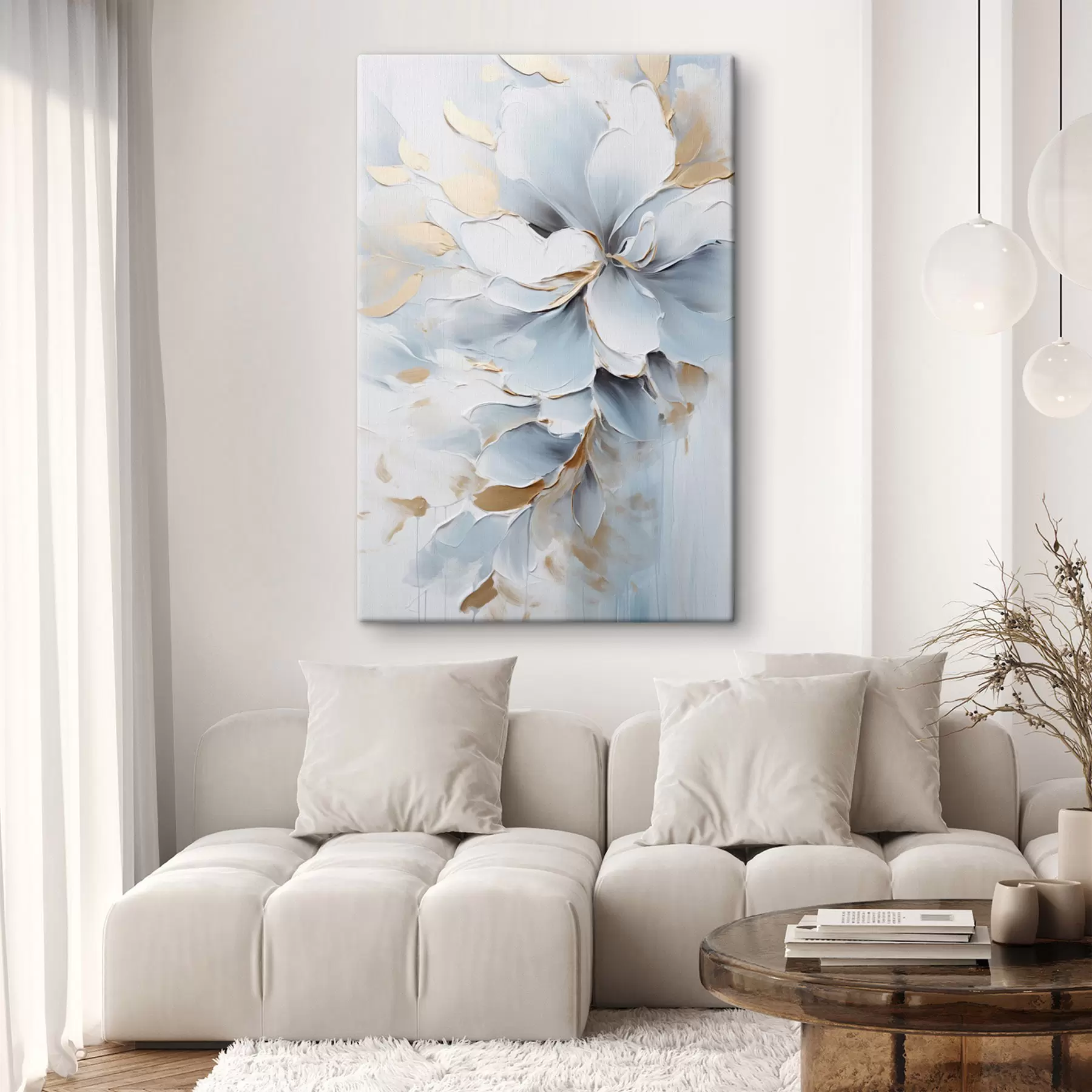 Fototapete Weiße und hellblaue Blumen, Malstil mit strukturierten Pinselstrichen s49463
