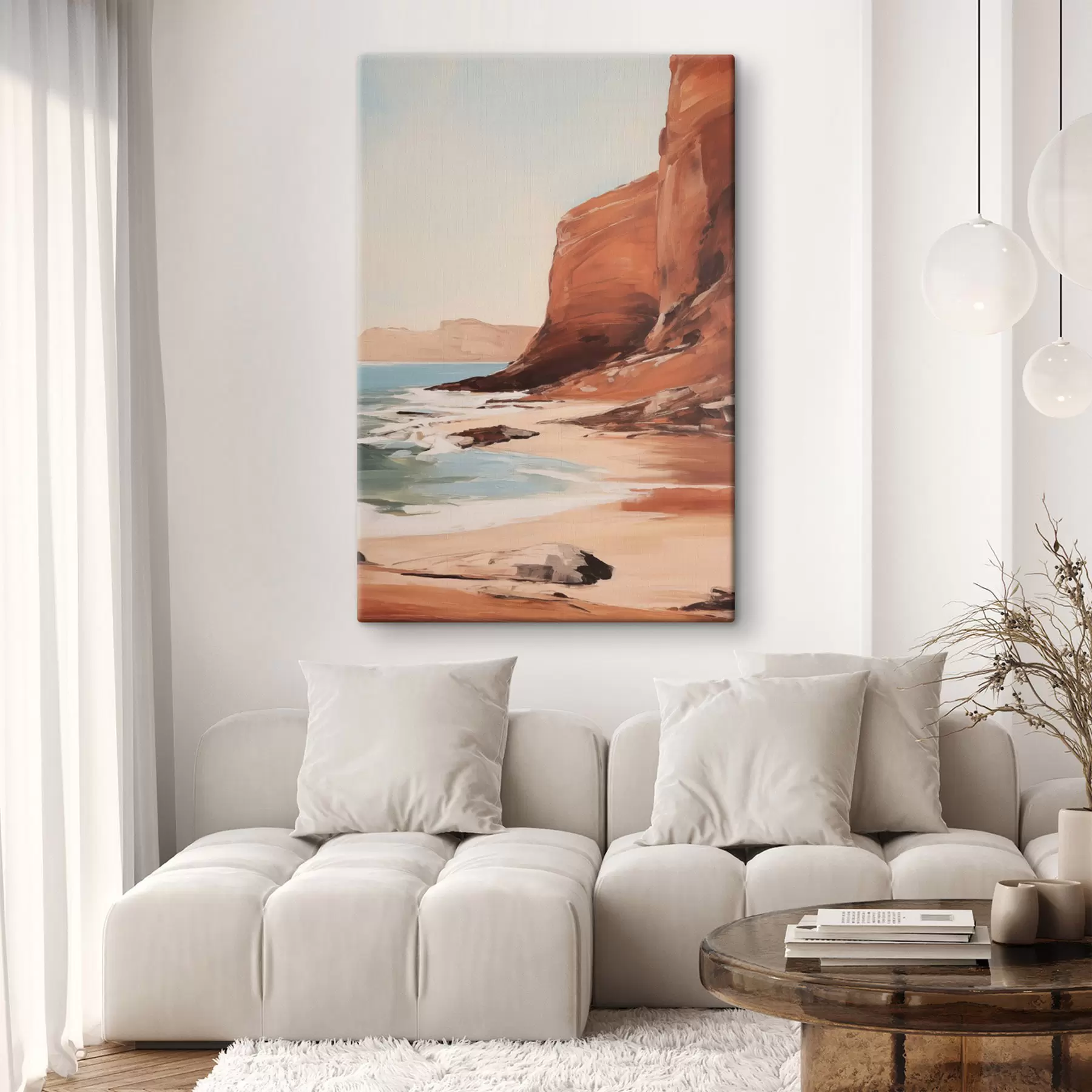 Fototapete Landschaft mit Klippen und Wellen, die an einen Sandstrand branden, bei ruhiger See s49476