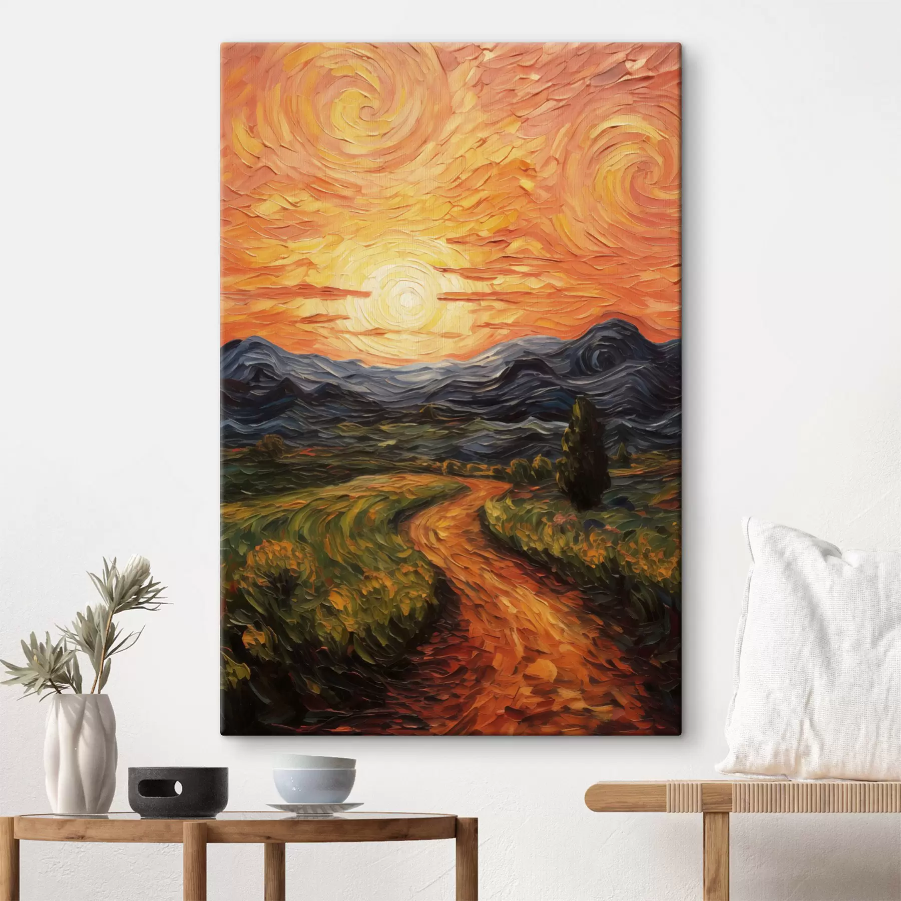 Fototapete Lebendige Landschaft, orange-gelber Himmel mit Sonne, stilisierte, strukturierte Grafik s49478