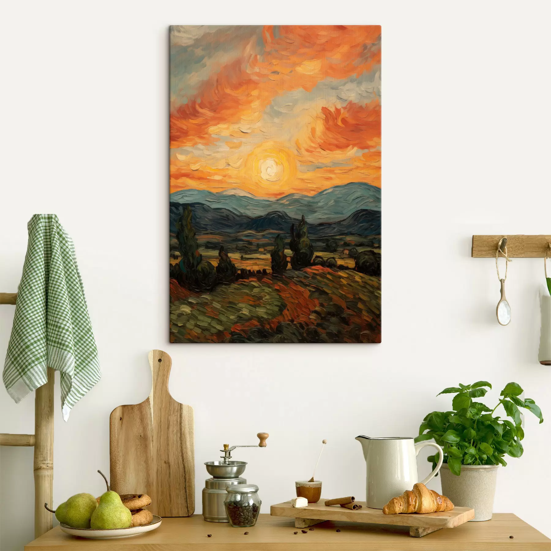 Fototapete Lebendige Landschaft, orange-gelber Himmel mit Sonne, stilisierte, strukturierte Grafik s49479