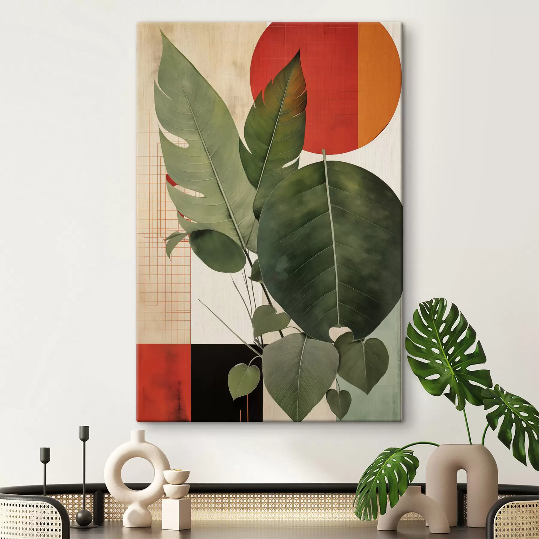 Fototapete Große Blätter vor einem geometrischen Hintergrund, im Stil abstrakter moderner Kunst s49490
