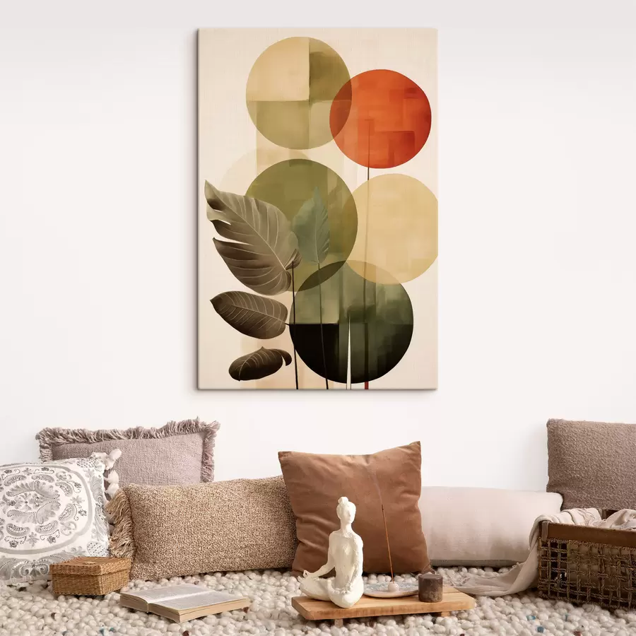 Fototapete Blätter vor einem geometrischen Hintergrund, im Stil abstrakter moderner Kunst s49491