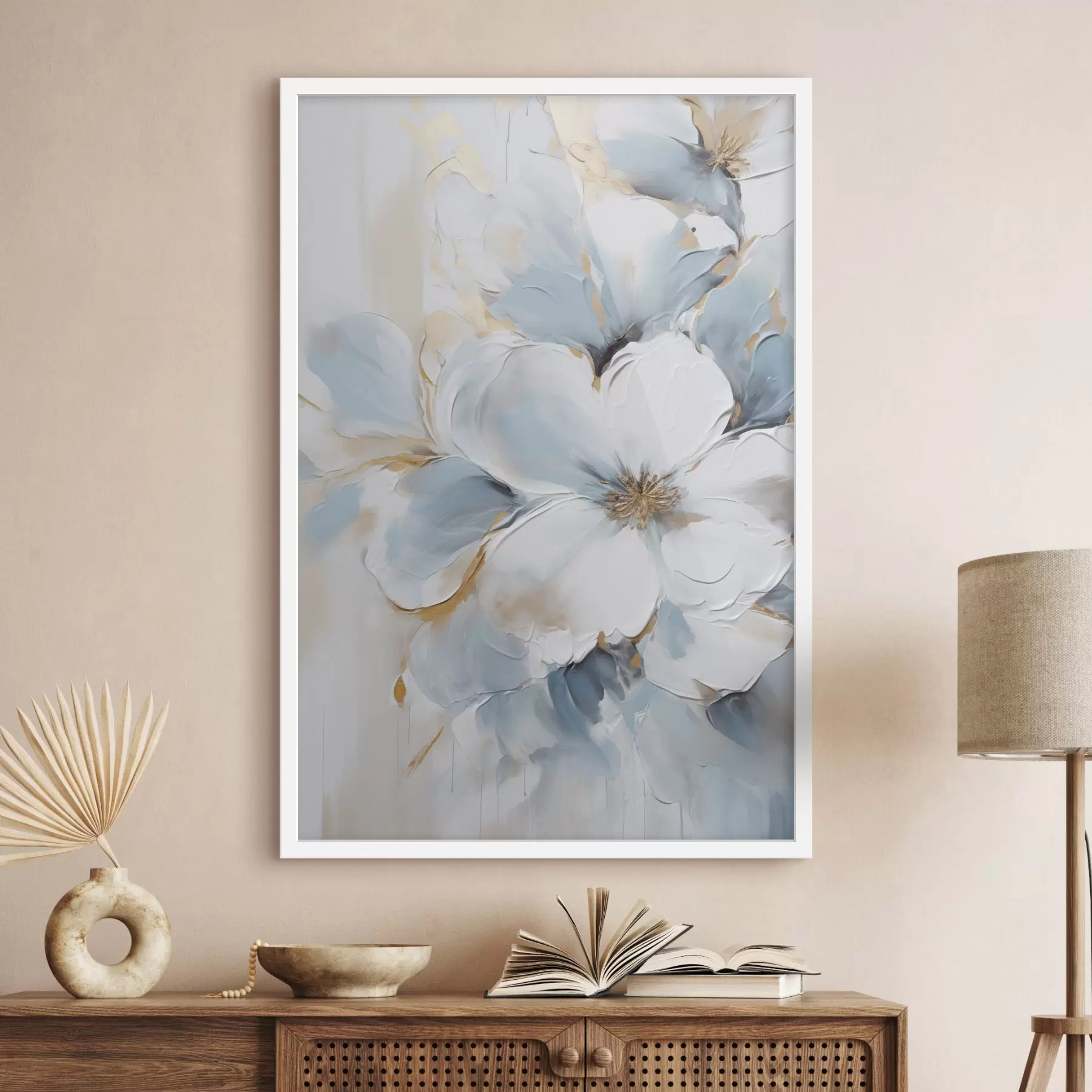 Fototapete Weiße und hellblaue Blumen, Malstil mit strukturierten Pinselstrichen f49462