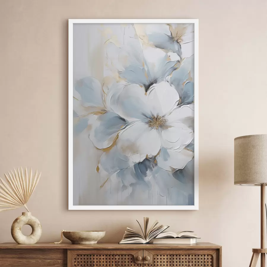 Fototapete Weiße und hellblaue Blumen, Malstil mit strukturierten Pinselstrichen f49462