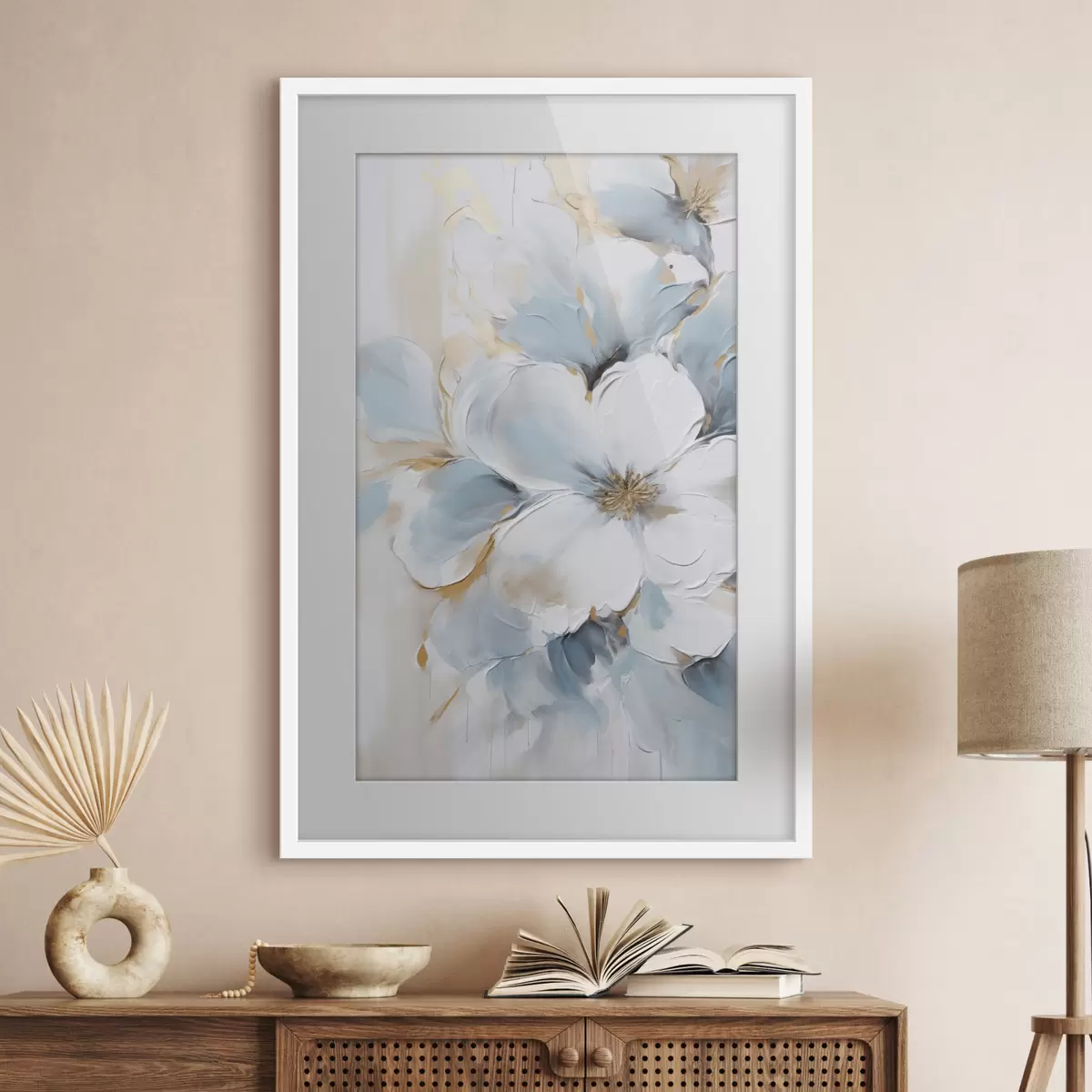 Poster Weiße und hellblaue Blumen, Malstil mit strukturierten Pinselstrichen f49462