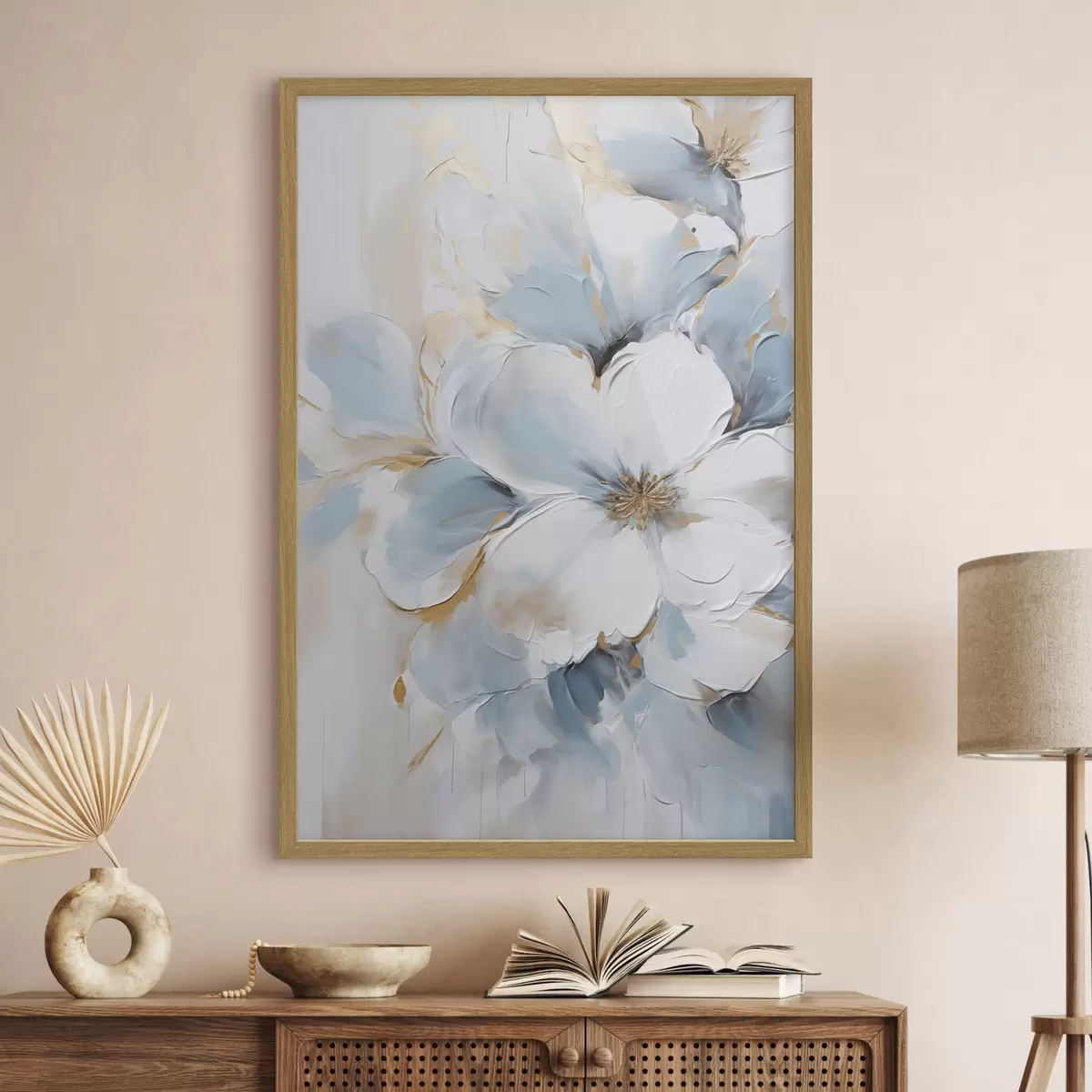 Poster Weiße und hellblaue Blumen, Malstil mit strukturierten Pinselstrichen f49462