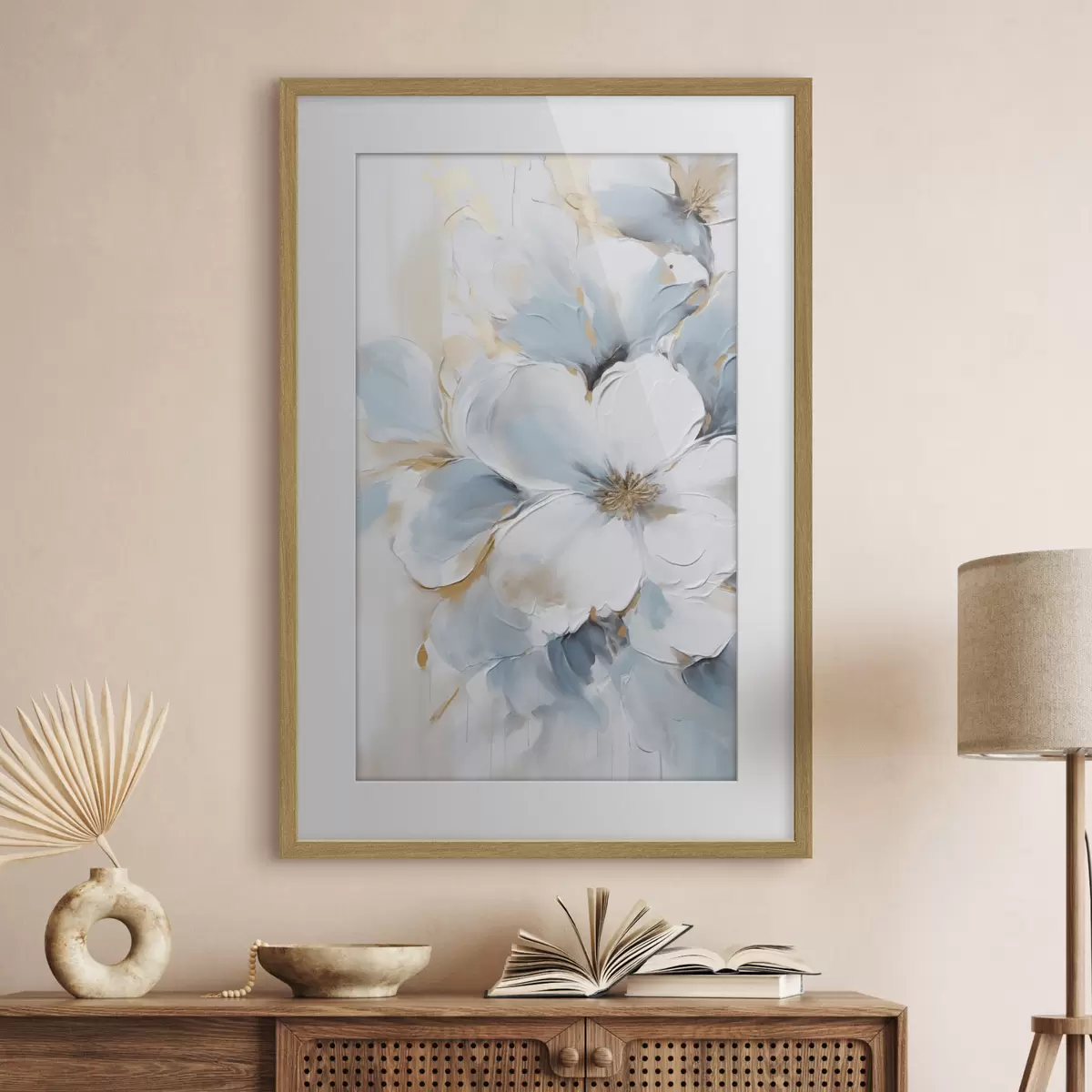 Poster Weiße und hellblaue Blumen, Malstil mit strukturierten Pinselstrichen f49462