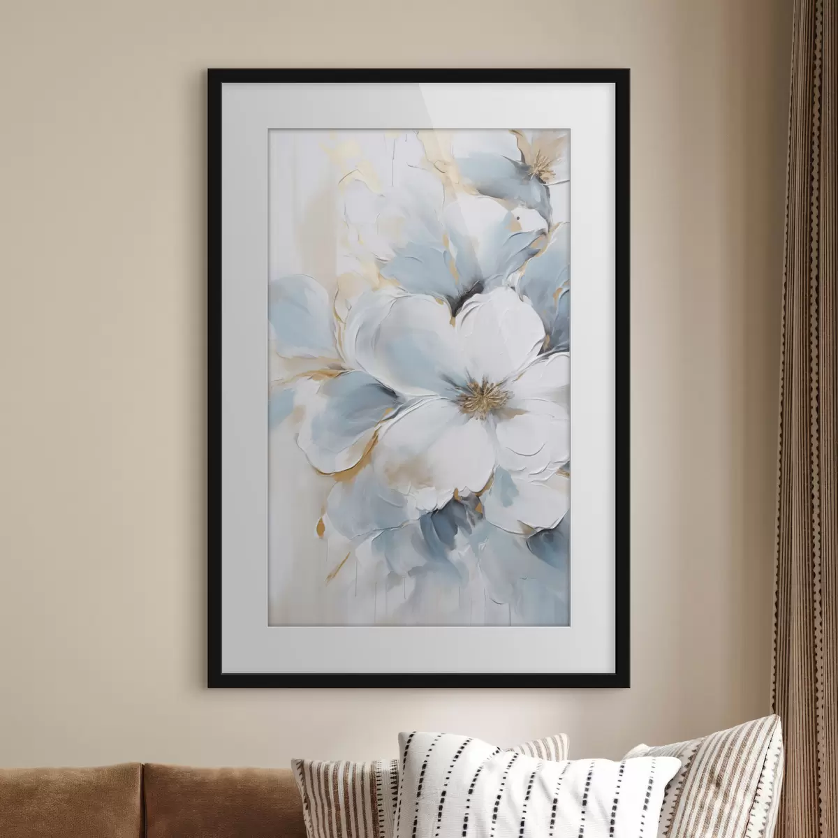 Poster Weiße und hellblaue Blumen, Malstil mit strukturierten Pinselstrichen f49462