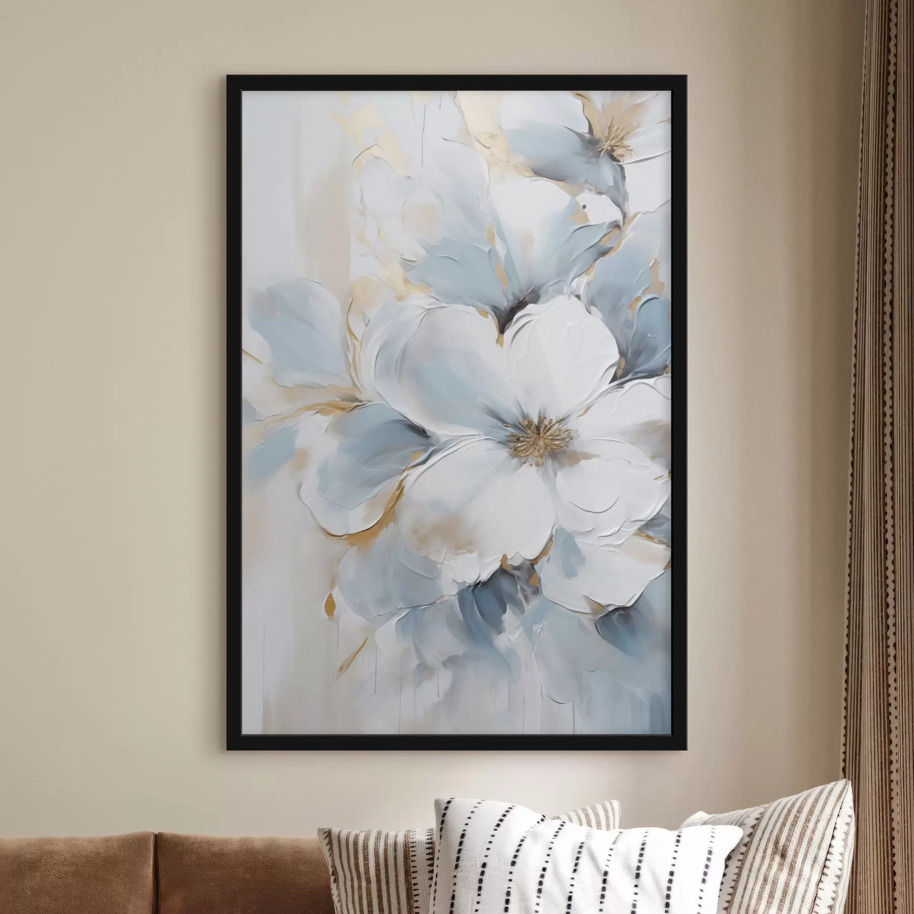 Fototapete Weiße und hellblaue Blumen, Malstil mit strukturierten Pinselstrichen f49462