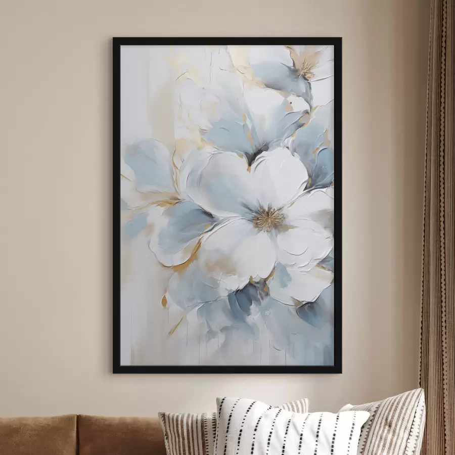 Fototapete Weiße und hellblaue Blumen, Malstil mit strukturierten Pinselstrichen f49462