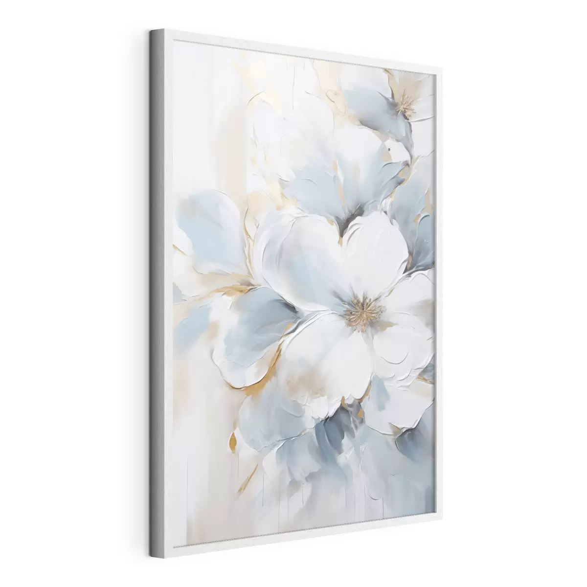 Poster Weiße und hellblaue Blumen, Malstil mit strukturierten Pinselstrichen f49462