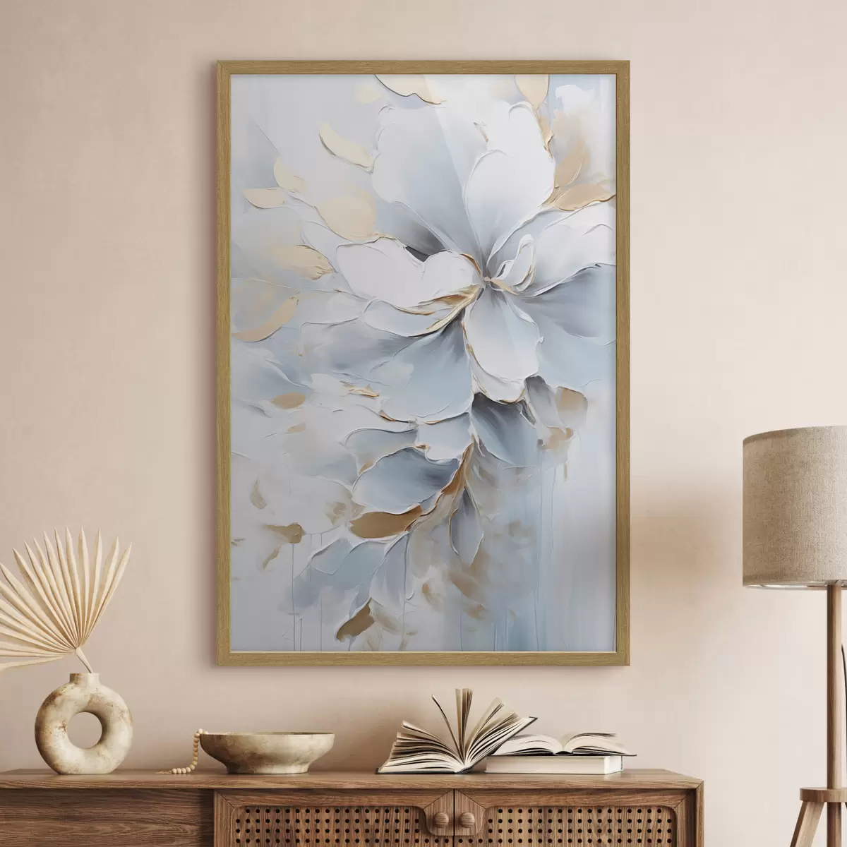 Poster Weiße und hellblaue Blumen, Malstil mit strukturierten Pinselstrichen f49463