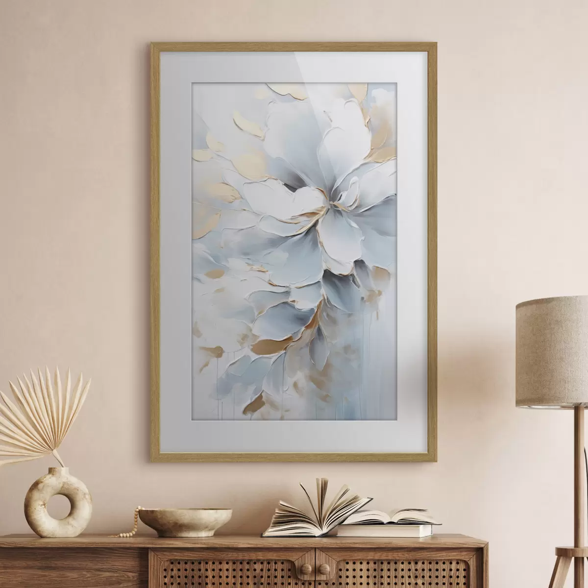 Poster Weiße und hellblaue Blumen, Malstil mit strukturierten Pinselstrichen f49463