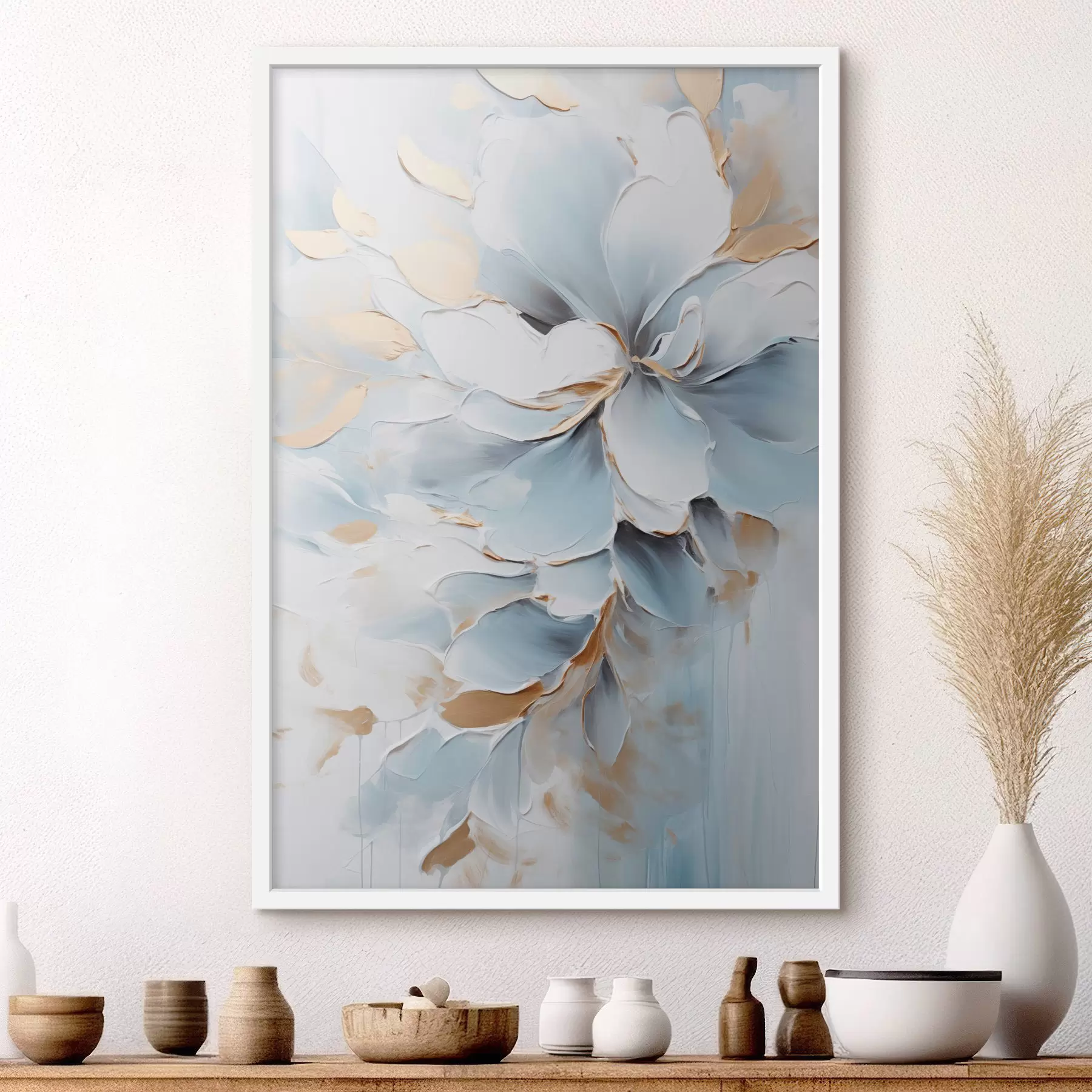 Fototapete Weiße und hellblaue Blumen, Malstil mit strukturierten Pinselstrichen f49463