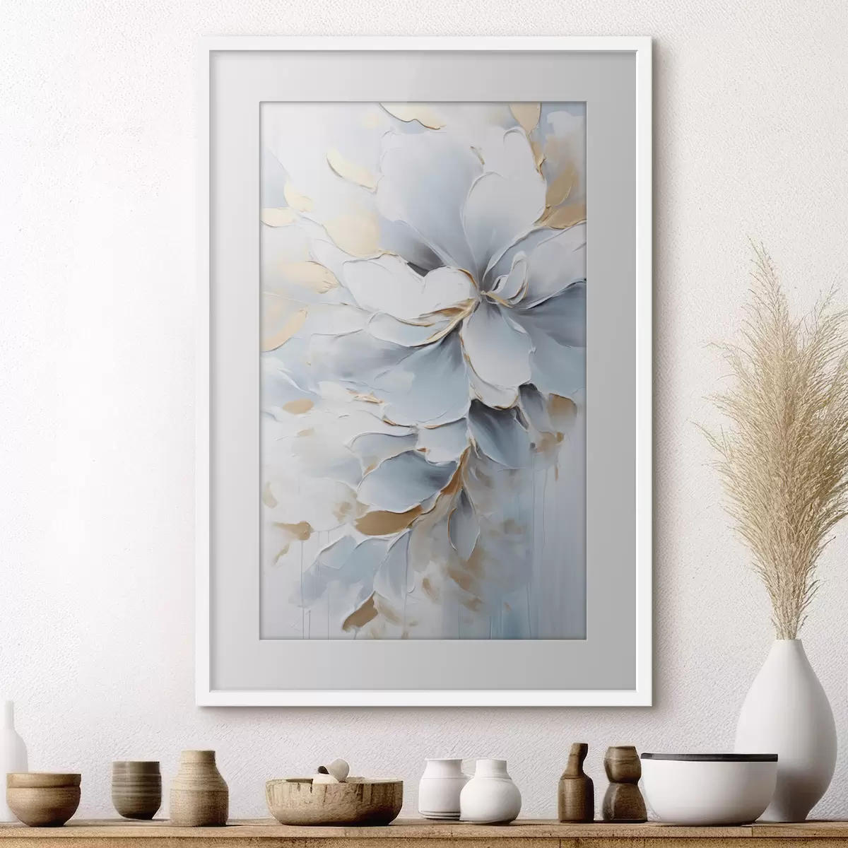 Poster Weiße und hellblaue Blumen, Malstil mit strukturierten Pinselstrichen f49463