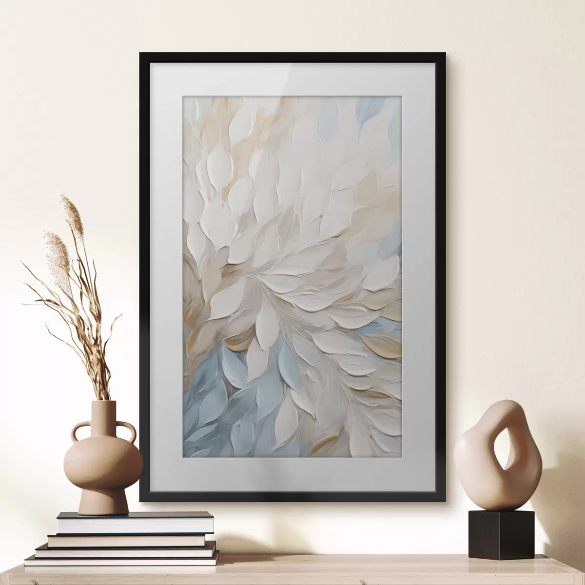 Poster Abstrakte, strukturierte Malerei mit Pinselstrichen in Weiß, Blau und Beige f49464