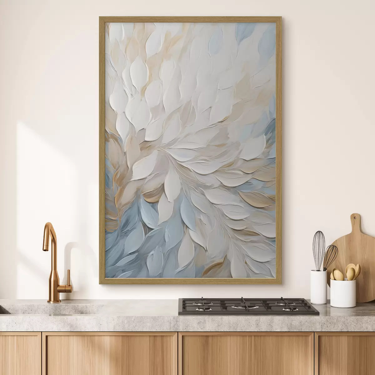 Poster Abstrakte, strukturierte Malerei mit Pinselstrichen in Weiß, Blau und Beige f49464