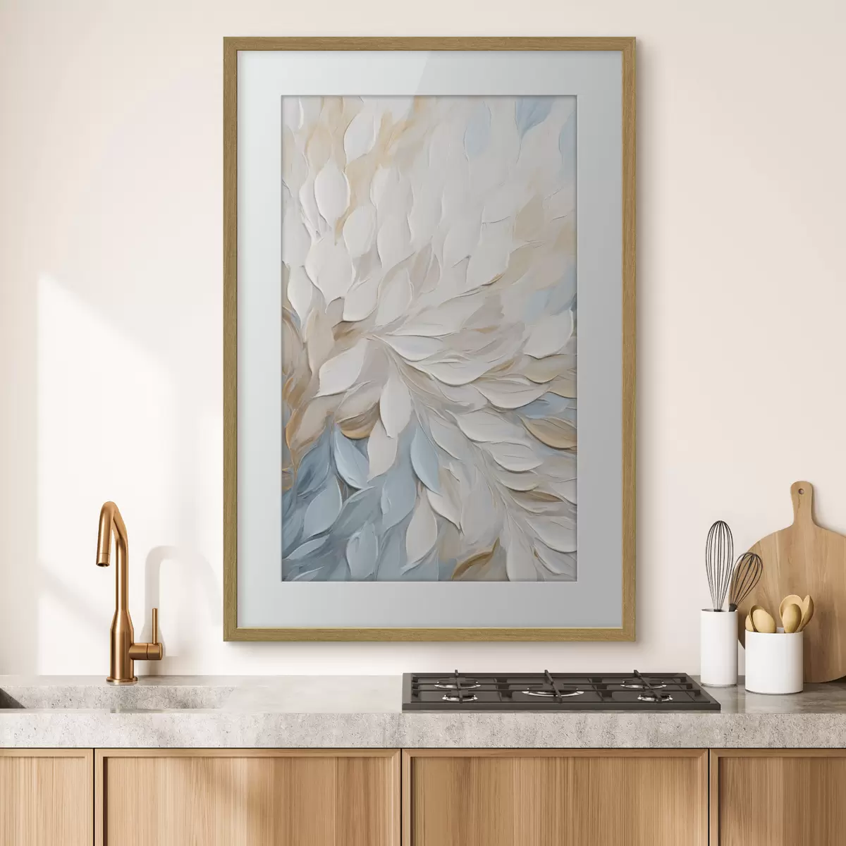 Poster Abstrakte, strukturierte Malerei mit Pinselstrichen in Weiß, Blau und Beige f49464