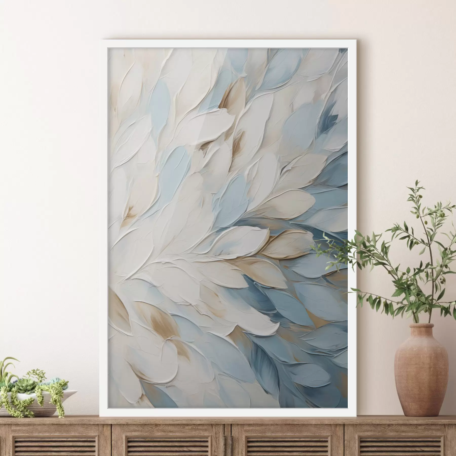 Fototapete Abstrakte, strukturierte Malerei mit Pinselstrichen in Weiß, Blau und Beige f49465