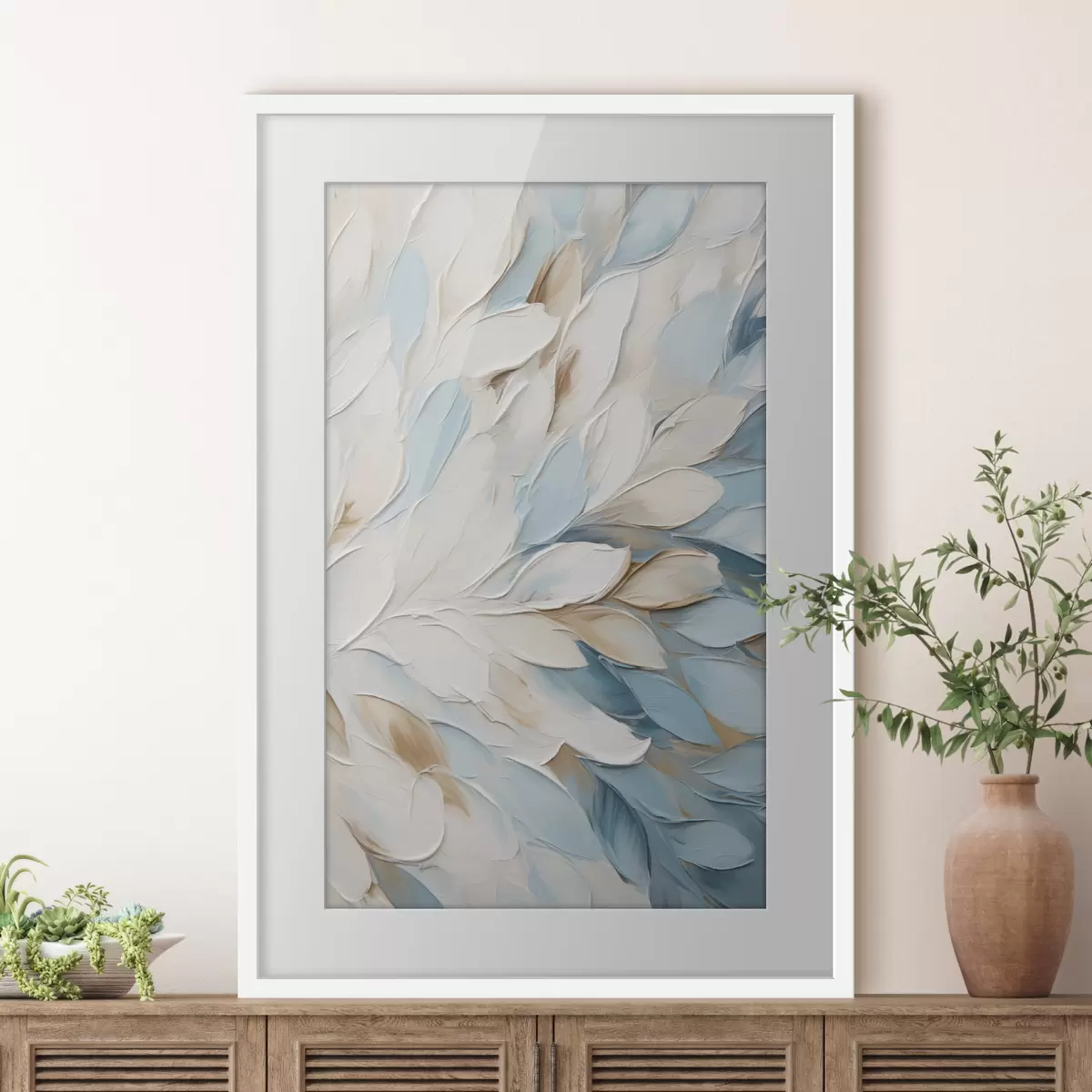 Poster Abstrakte, strukturierte Malerei mit Pinselstrichen in Weiß, Blau und Beige f49465