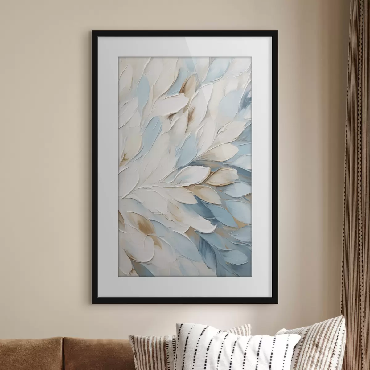Poster Abstrakte, strukturierte Malerei mit Pinselstrichen in Weiß, Blau und Beige f49465