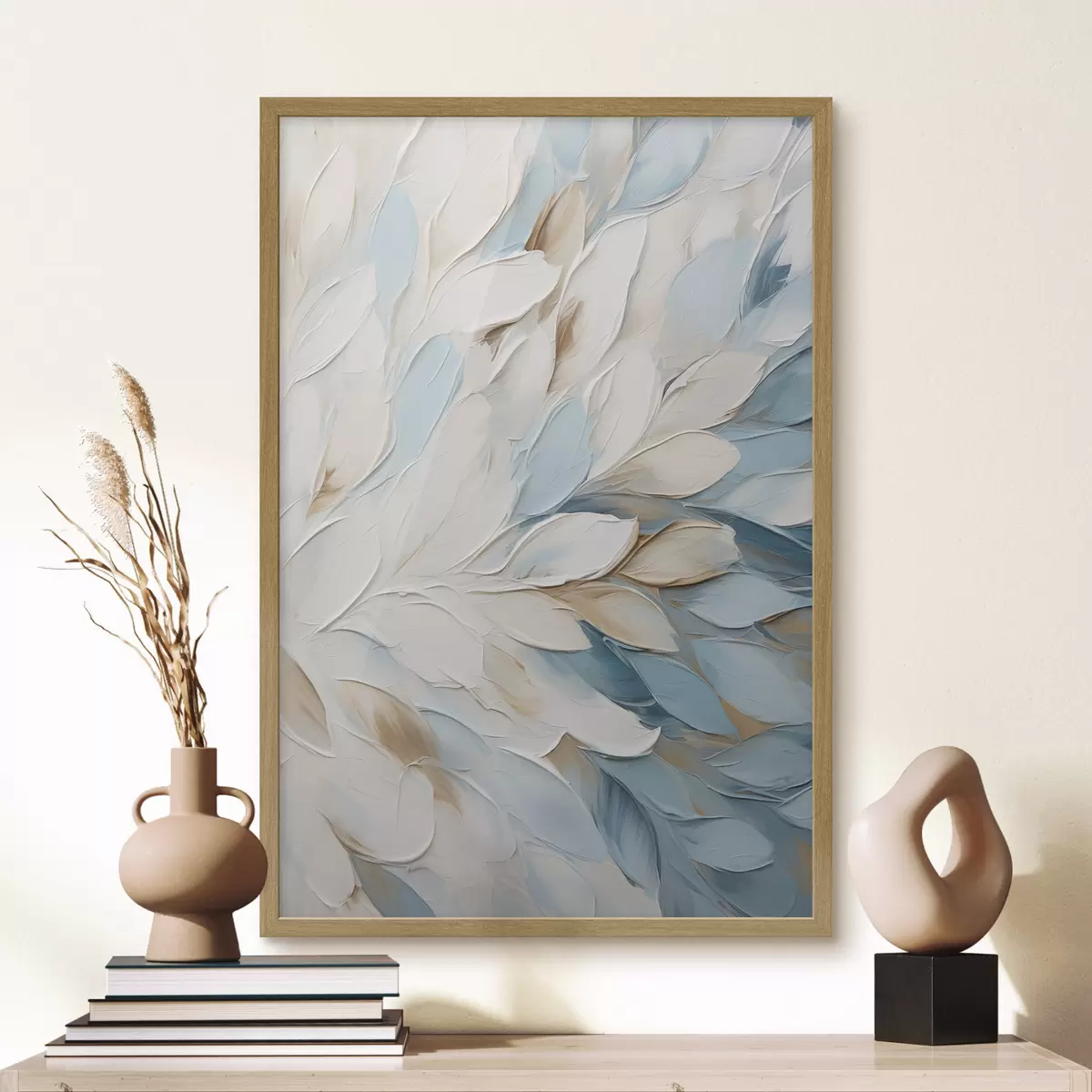 Poster Abstrakte, strukturierte Malerei mit Pinselstrichen in Weiß, Blau und Beige f49465
