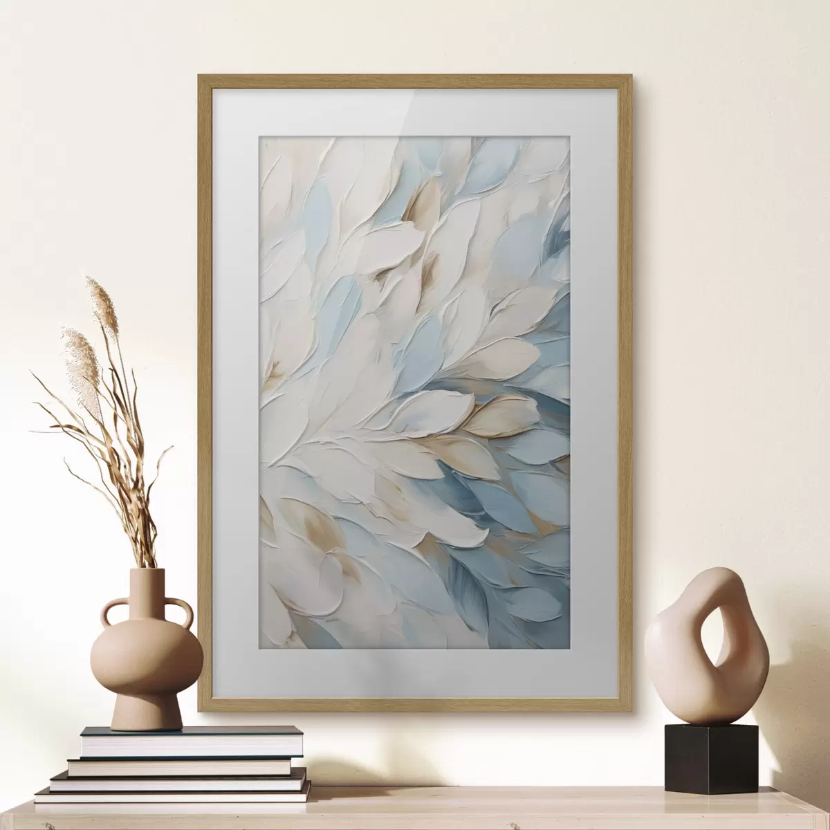 Poster Abstrakte, strukturierte Malerei mit Pinselstrichen in Weiß, Blau und Beige f49465