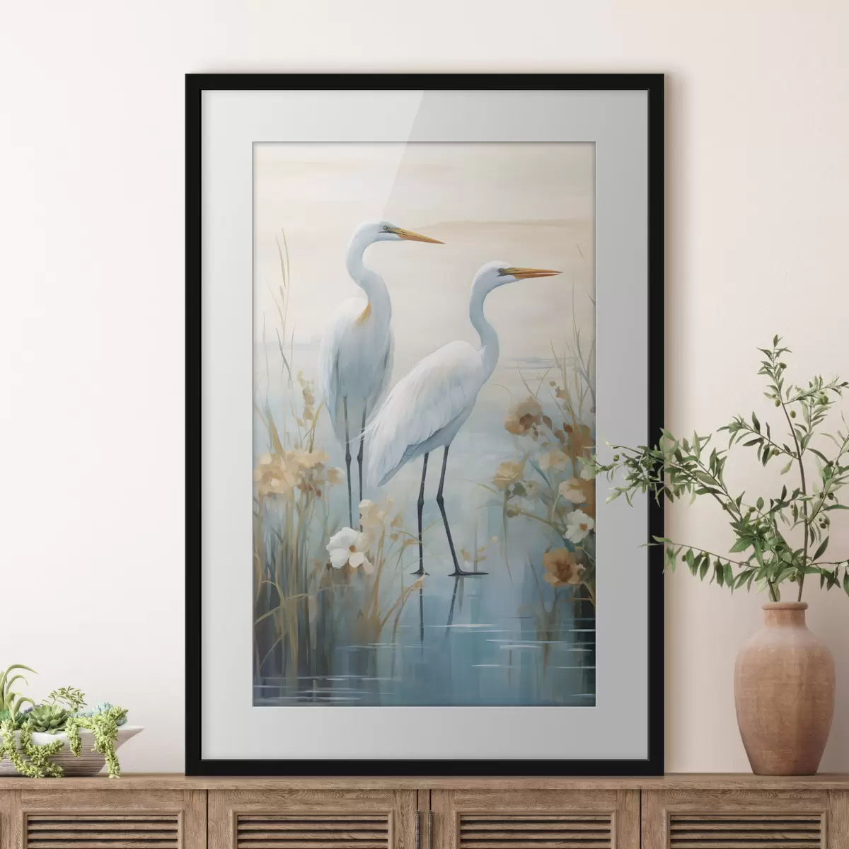 Poster Weißreiher im seichten Wasser vor einem sanften, dunstigen Hintergrund, Landschaftskunst f49466