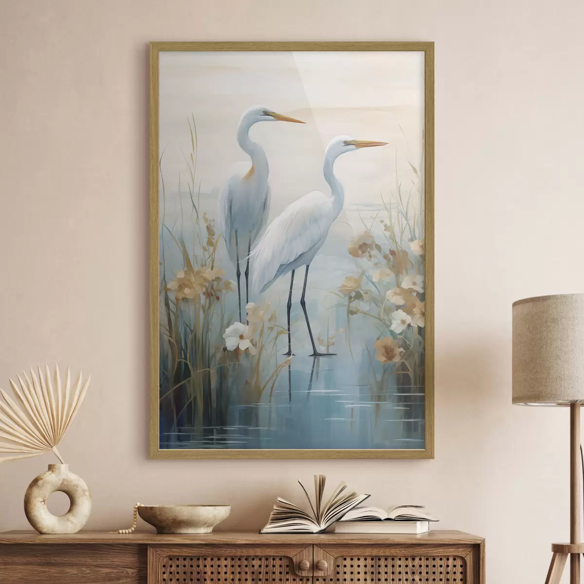 Poster Weißreiher im seichten Wasser vor einem sanften, dunstigen Hintergrund, Landschaftskunst f49466