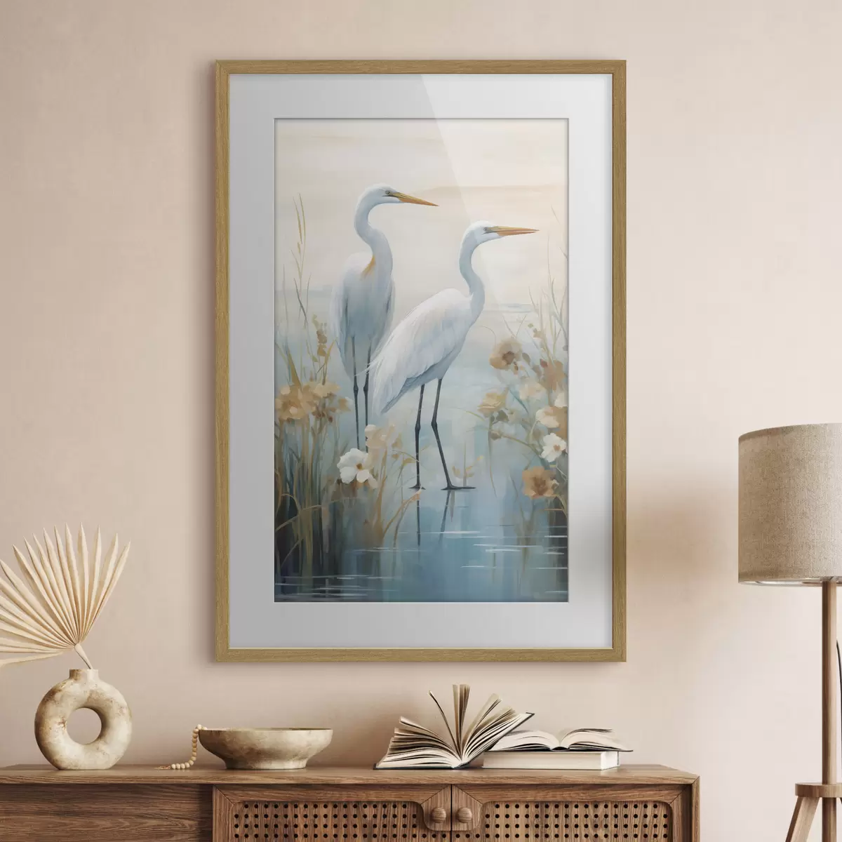Poster Weißreiher im seichten Wasser vor einem sanften, dunstigen Hintergrund, Landschaftskunst f49466