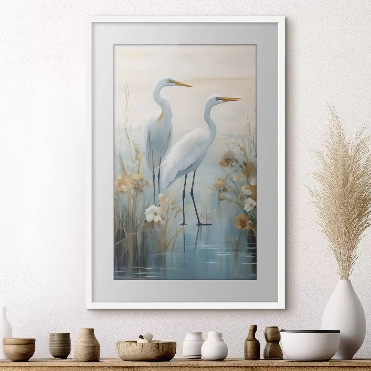 Poster Weißreiher im seichten Wasser vor einem sanften, dunstigen Hintergrund, Landschaftskunst f49466