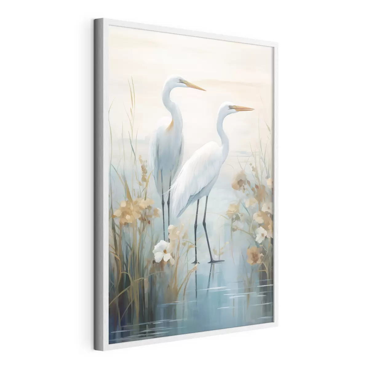 Poster Weißreiher im seichten Wasser vor einem sanften, dunstigen Hintergrund, Landschaftskunst f49466