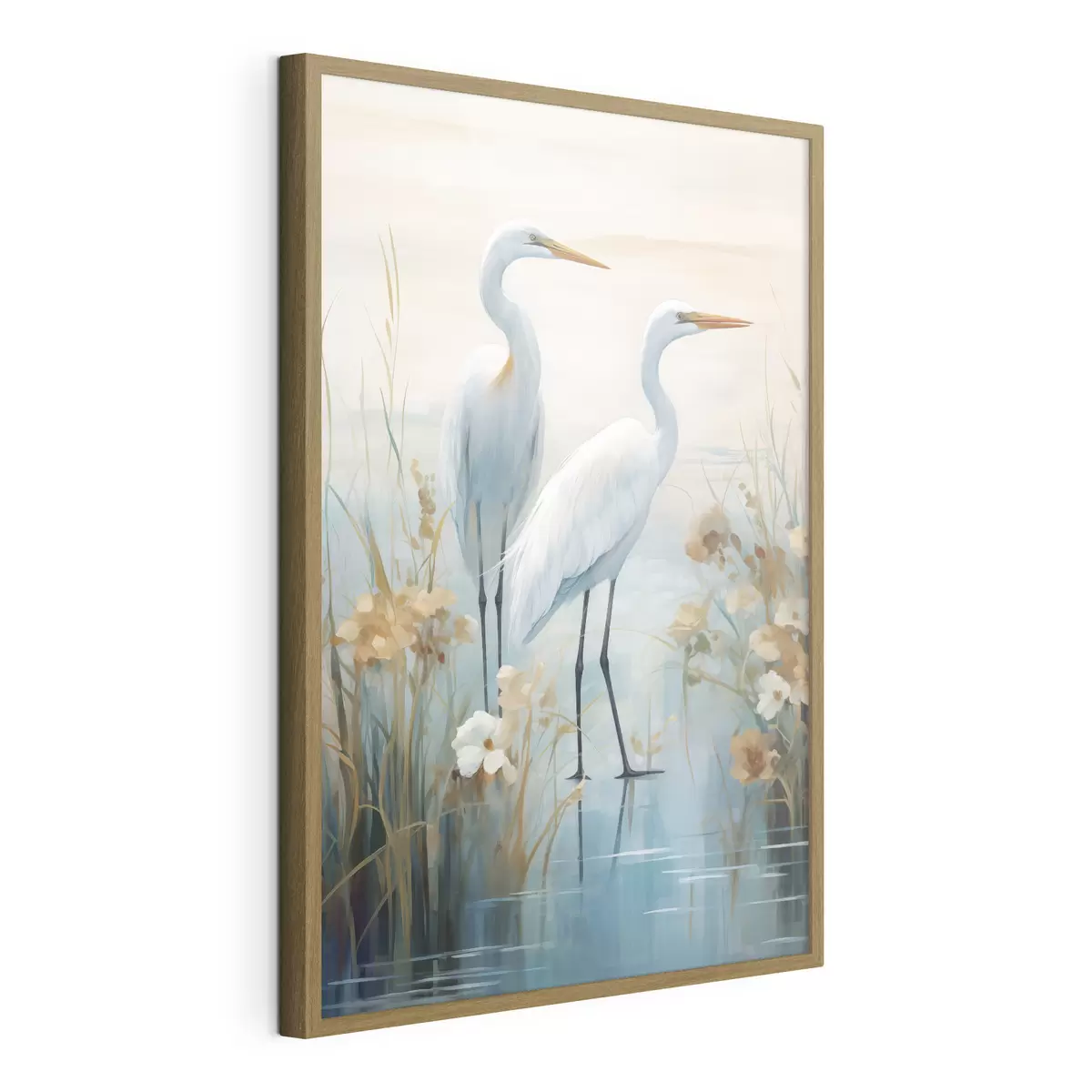 Poster Weißreiher im seichten Wasser vor einem sanften, dunstigen Hintergrund, Landschaftskunst f49466