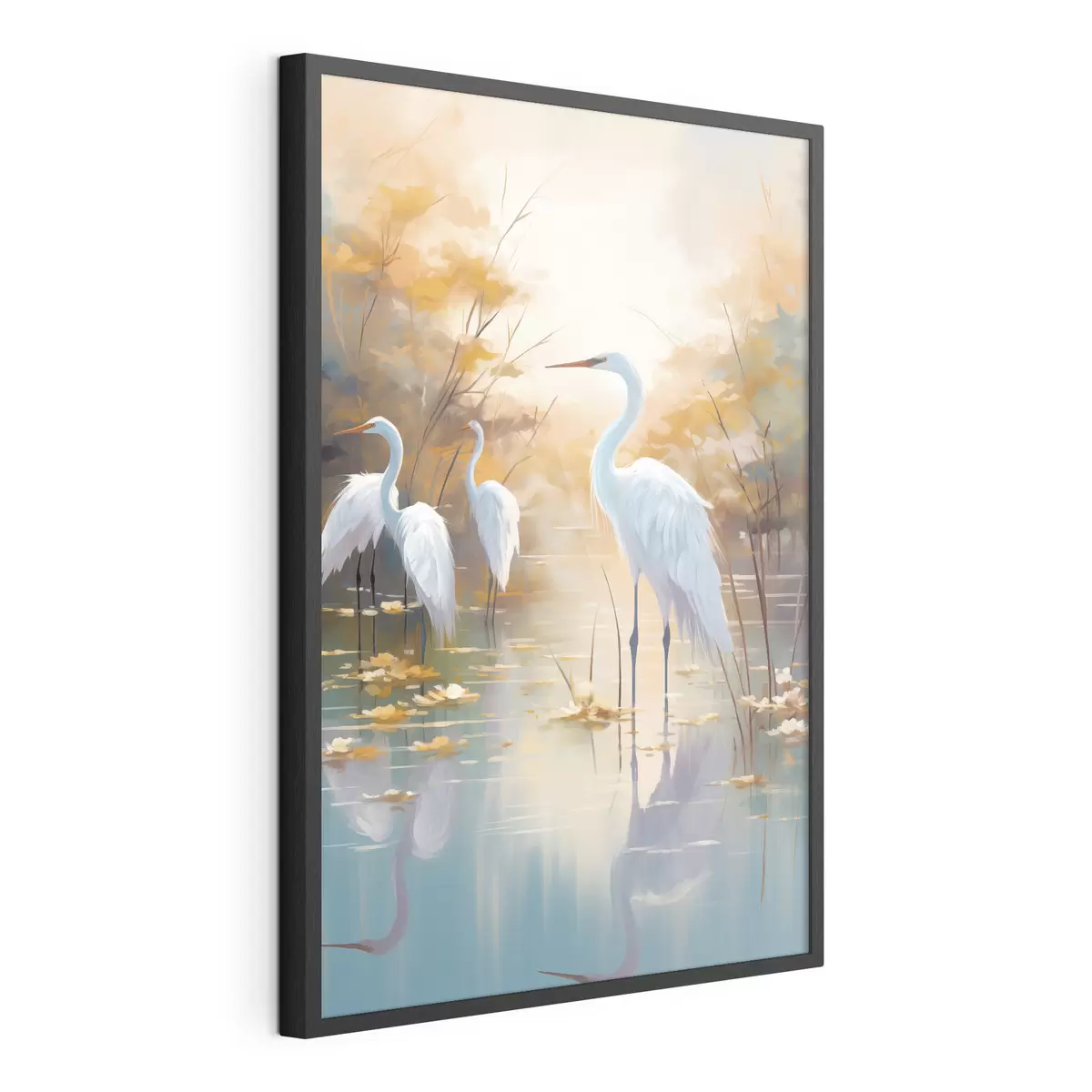 Poster Weißreiher im seichten Wasser vor einem sanften, dunstigen Hintergrund, Landschaftskunst f49467