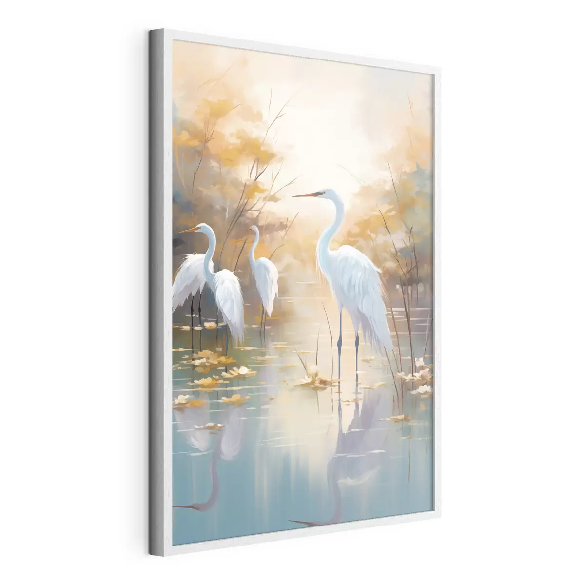 Poster Weißreiher im seichten Wasser vor einem sanften, dunstigen Hintergrund, Landschaftskunst f49467