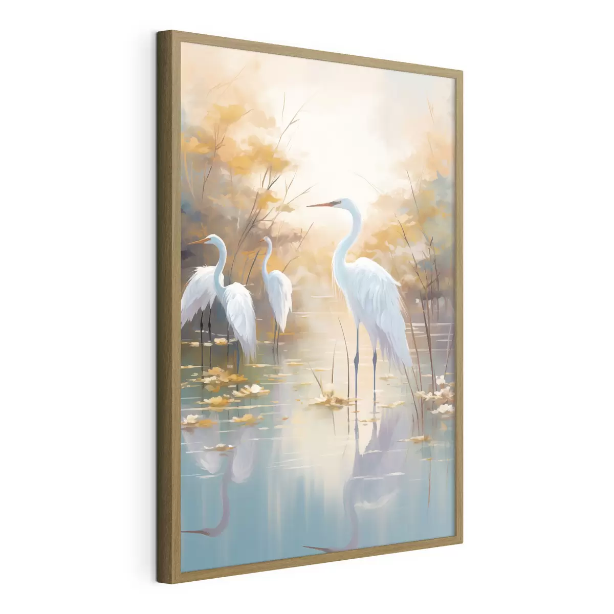 Poster Weißreiher im seichten Wasser vor einem sanften, dunstigen Hintergrund, Landschaftskunst f49467