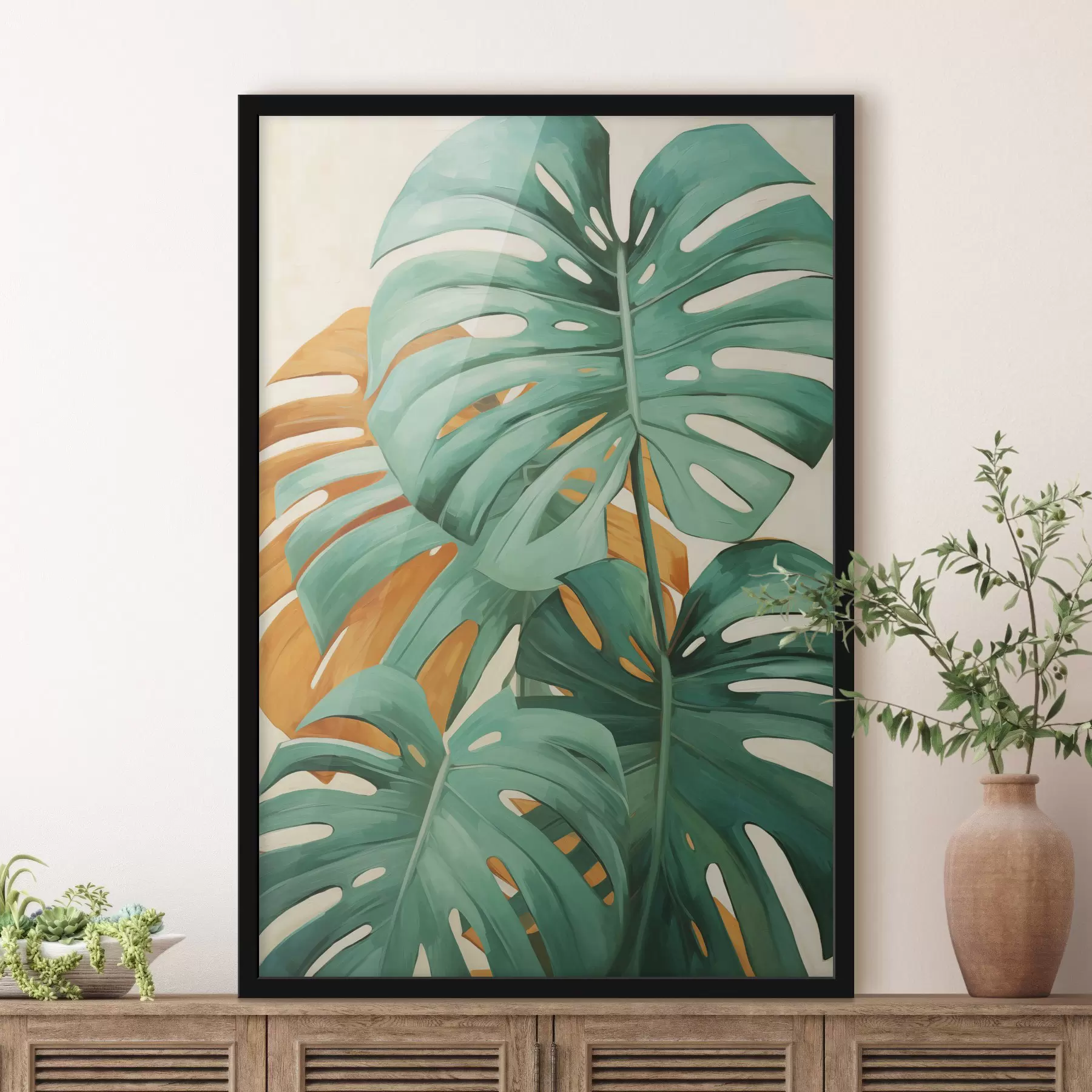 Fototapete Große Monstera-Blätter, minimalistische Strukturkunst f49468