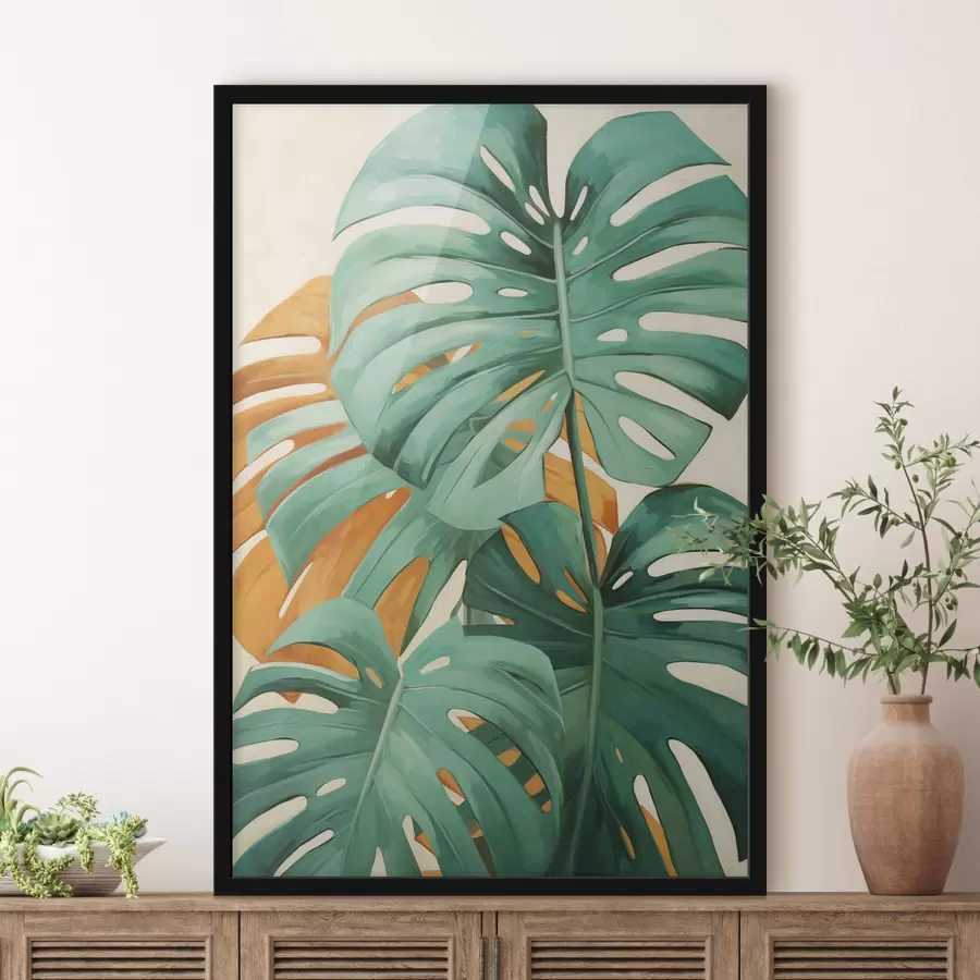 Fototapete Große Monstera-Blätter, minimalistische Strukturkunst f49468