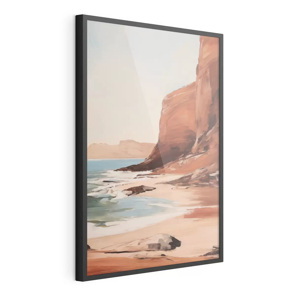 Poster Landschaft mit Klippen und Wellen, die an einen Sandstrand branden, bei ruhiger See f49476