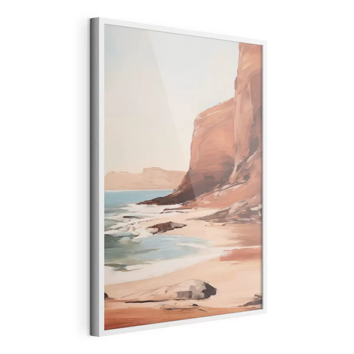 Poster Landschaft mit Klippen und Wellen, die an einen Sandstrand branden, bei ruhiger See f49476
