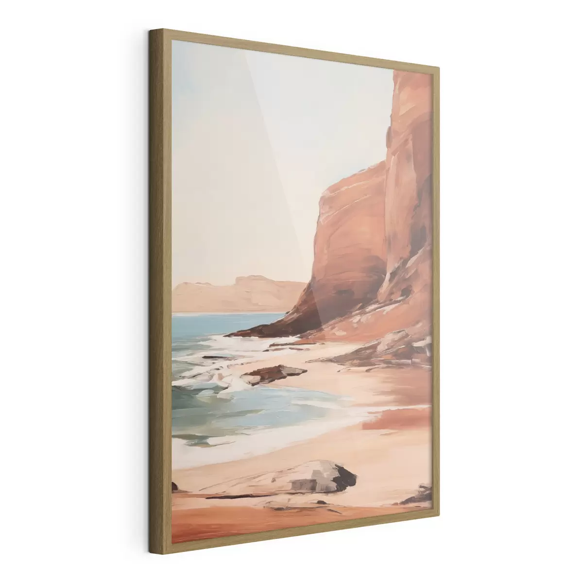 Poster Landschaft mit Klippen und Wellen, die an einen Sandstrand branden, bei ruhiger See f49476