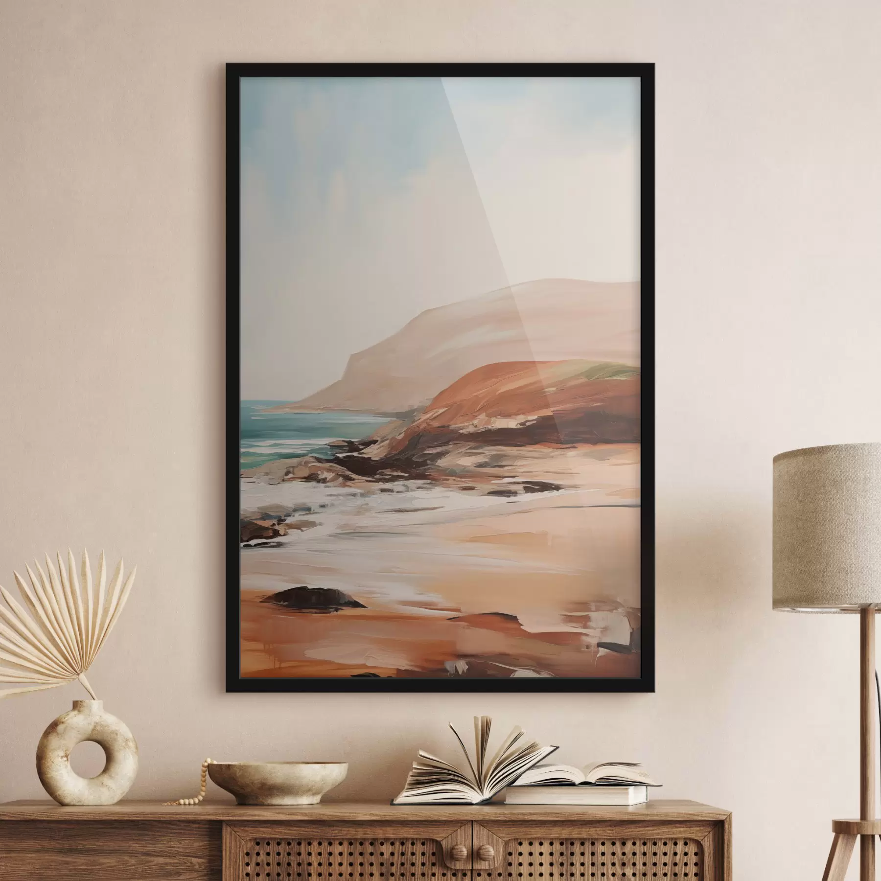 Fototapete Landschaft mit Klippen und Wellen, die an einen Sandstrand branden, bei ruhiger See f49477
