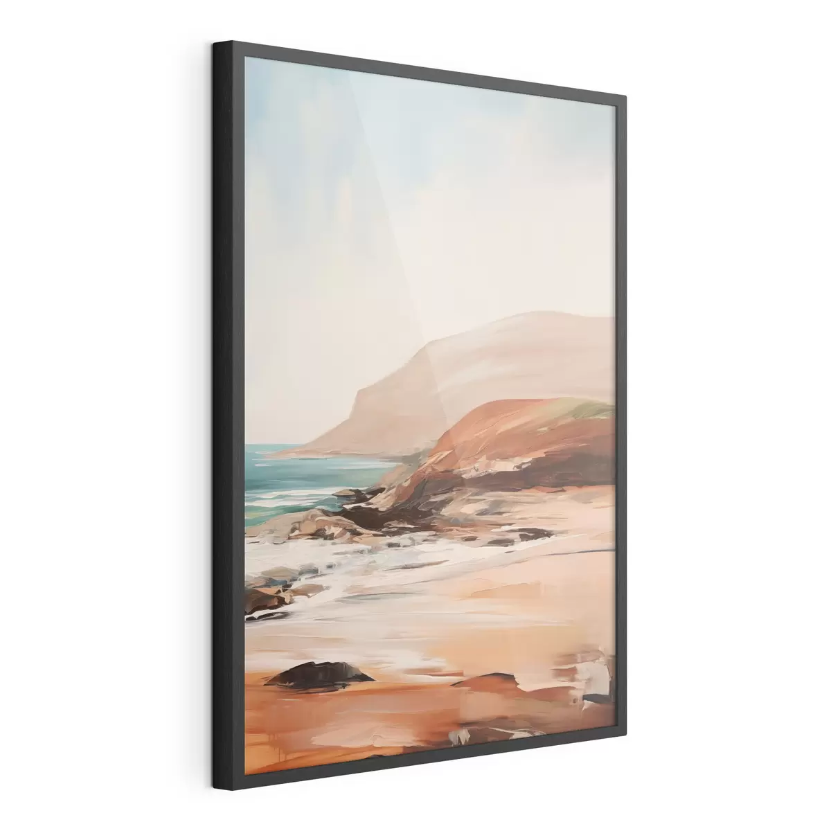 Poster Landschaft mit Klippen und Wellen, die an einen Sandstrand branden, bei ruhiger See f49477