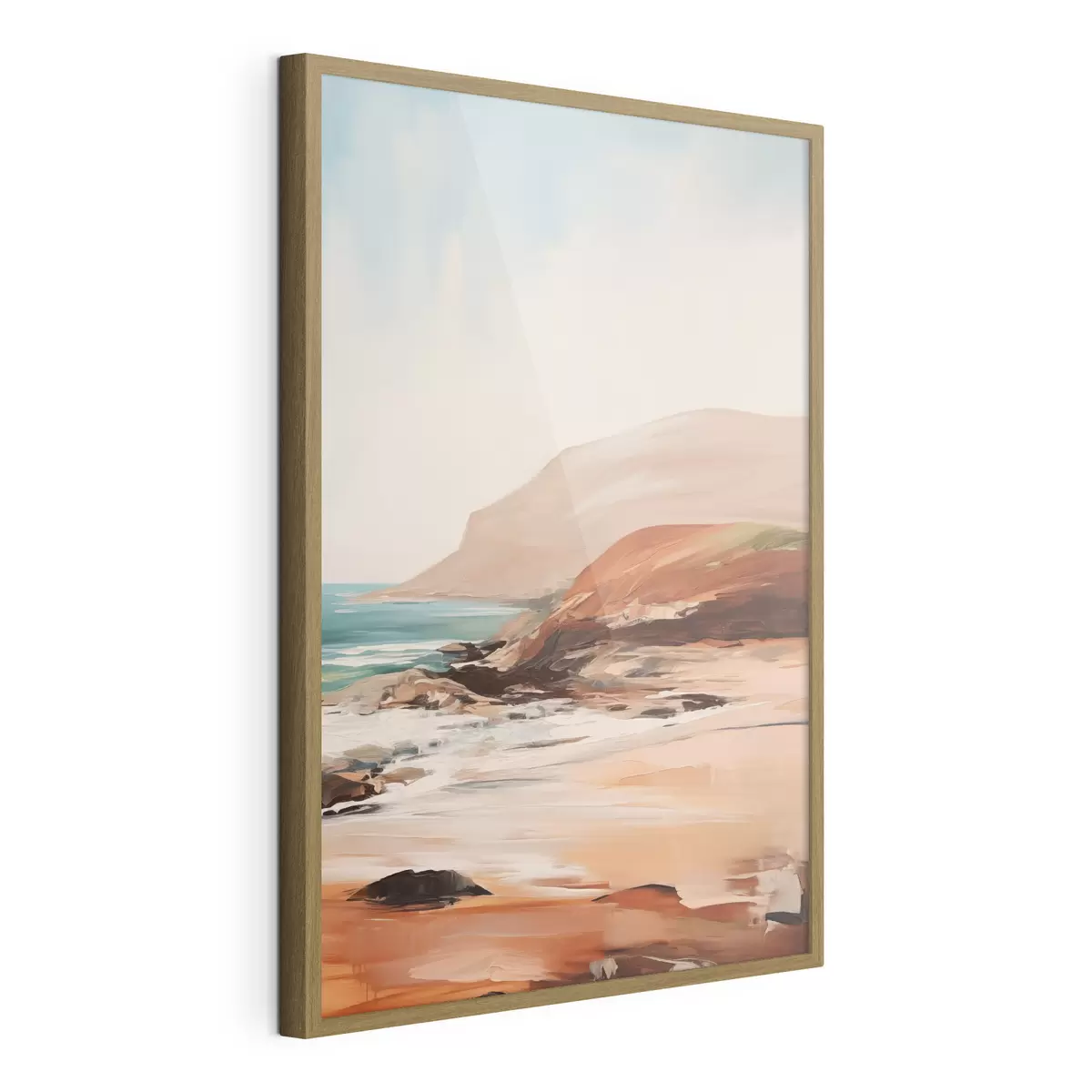 Poster Landschaft mit Klippen und Wellen, die an einen Sandstrand branden, bei ruhiger See f49477