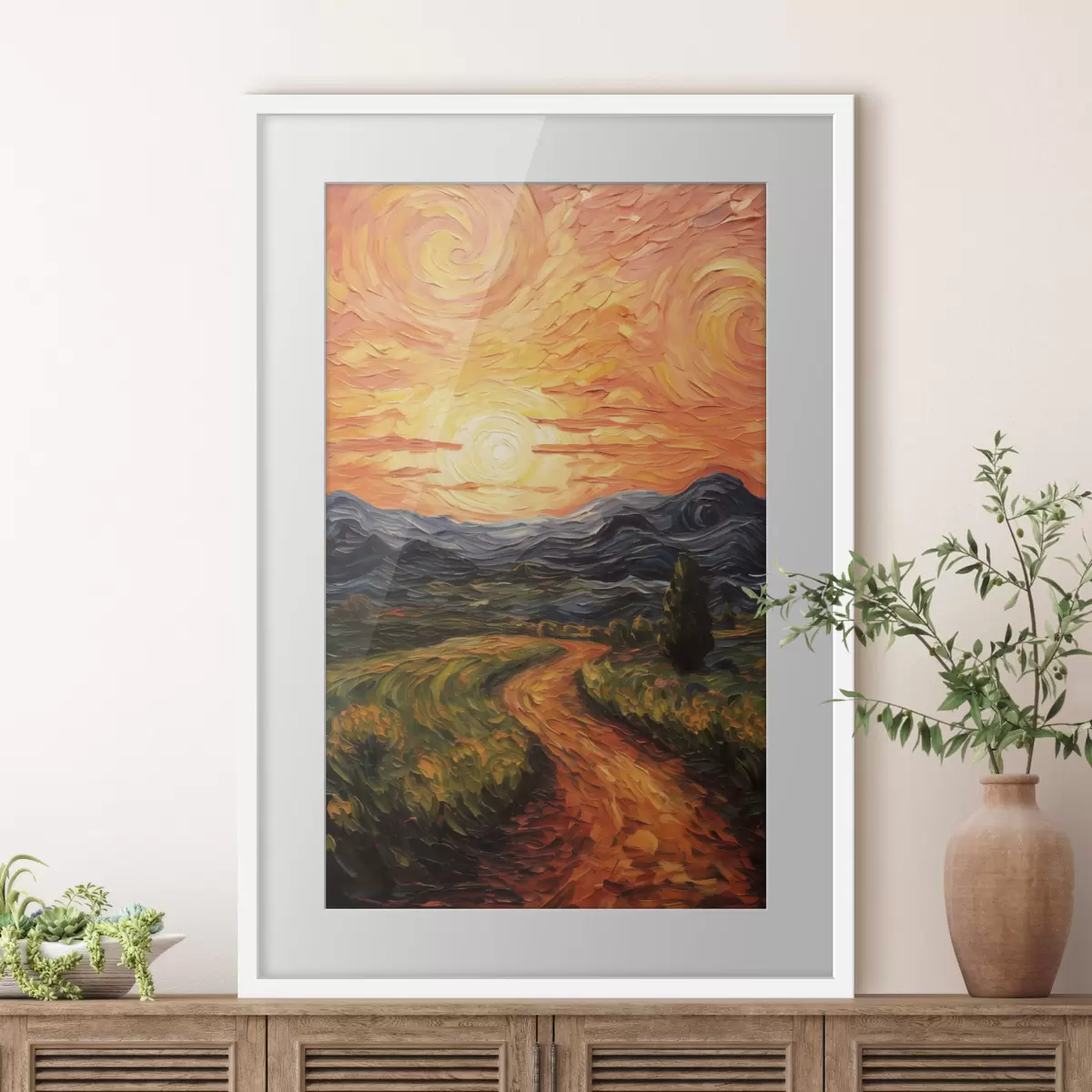 Poster Lebendige Landschaft, orange-gelber Himmel mit Sonne, stilisierte, strukturierte Grafik f49478