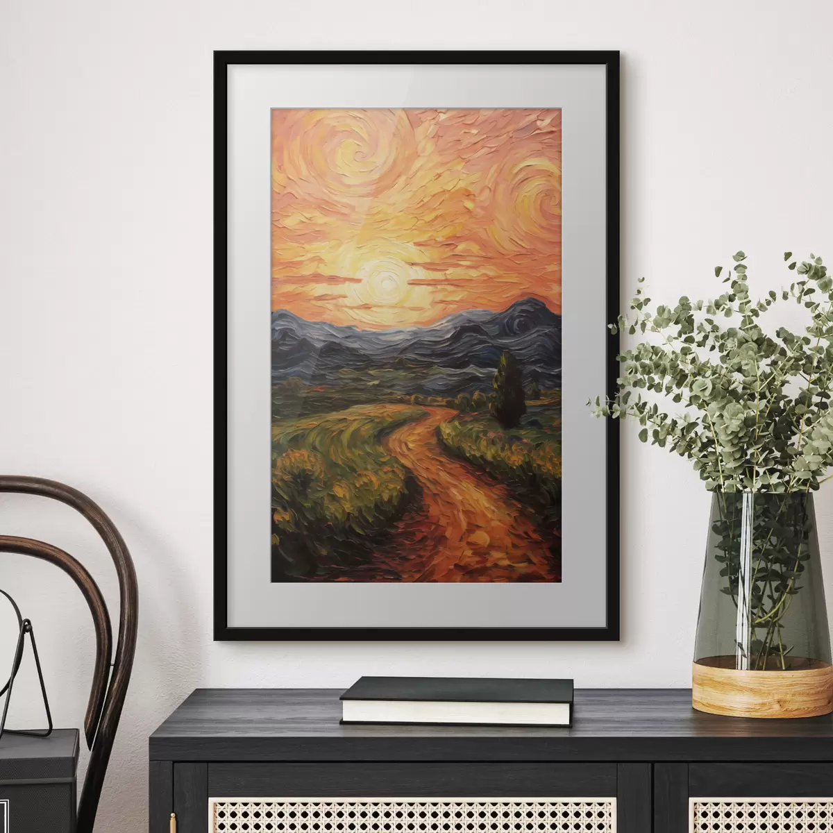 Poster Lebendige Landschaft, orange-gelber Himmel mit Sonne, stilisierte, strukturierte Grafik f49478