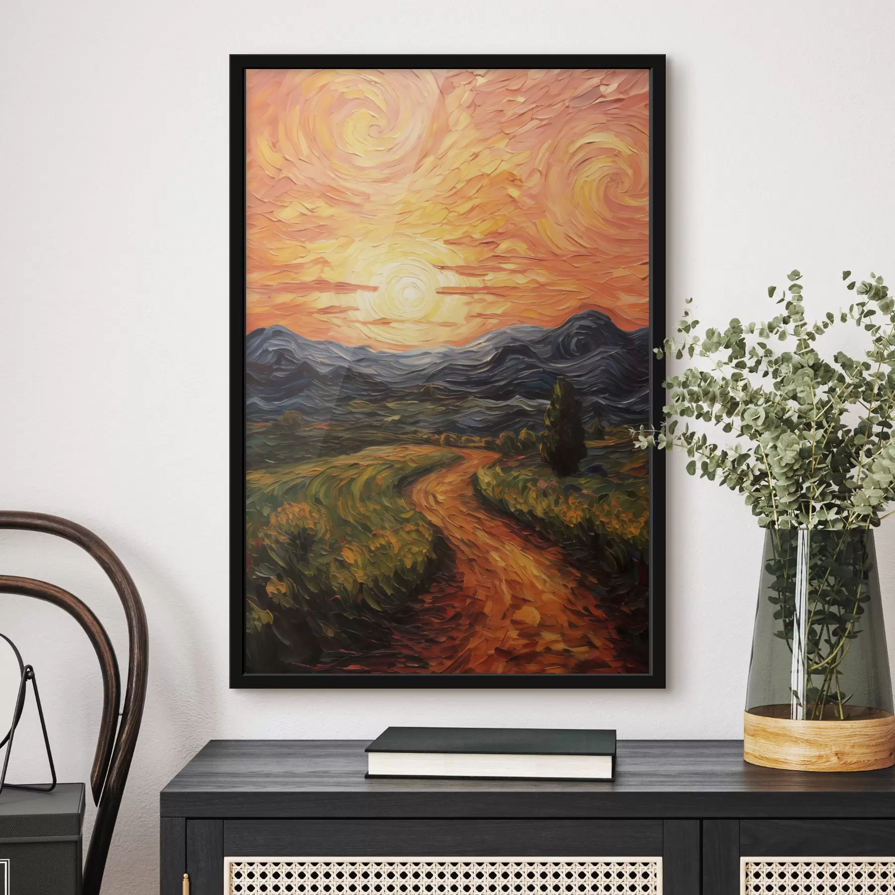 Fototapete Lebendige Landschaft, orange-gelber Himmel mit Sonne, stilisierte, strukturierte Grafik f49478