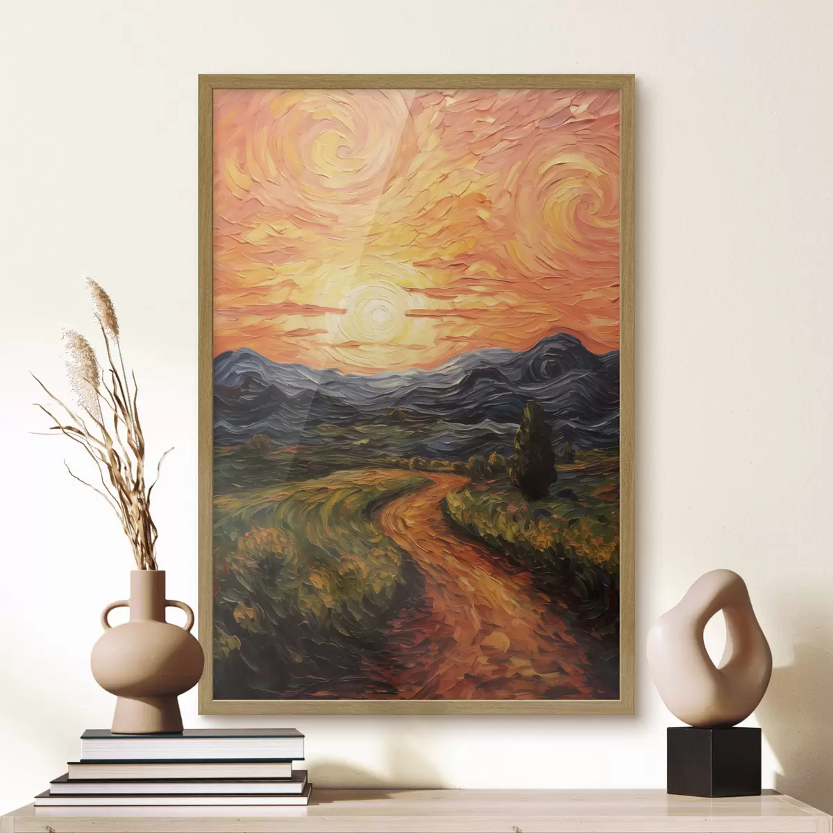 Poster Lebendige Landschaft, orange-gelber Himmel mit Sonne, stilisierte, strukturierte Grafik f49478