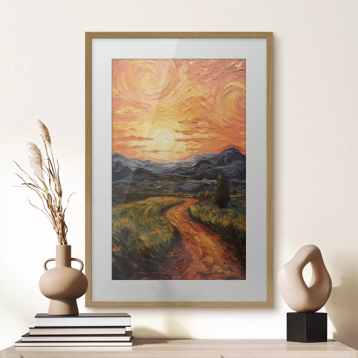 Poster Lebendige Landschaft, orange-gelber Himmel mit Sonne, stilisierte, strukturierte Grafik f49478